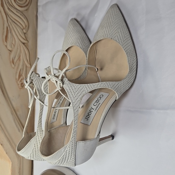 Jimmy Choo Tie up Pumps Eggshell Off white Weave Texture 37.5 - Picture 8 of 12